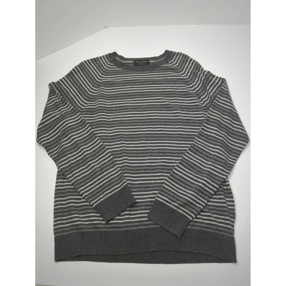 Banana Republic Mens L Gray Striped Cotton Cashmere Sweater Quiet Luxury Indie